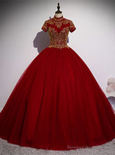 Burgundy Tulle High Neck Short Sleeve Quinceanera Dress